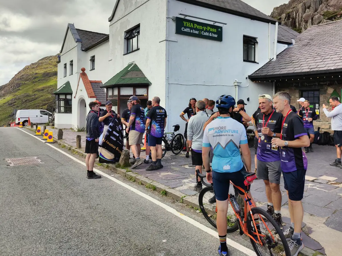 Fundraisers and a More Adventure rider at the Pen-y-Pass finish below Yr Wyddfa
