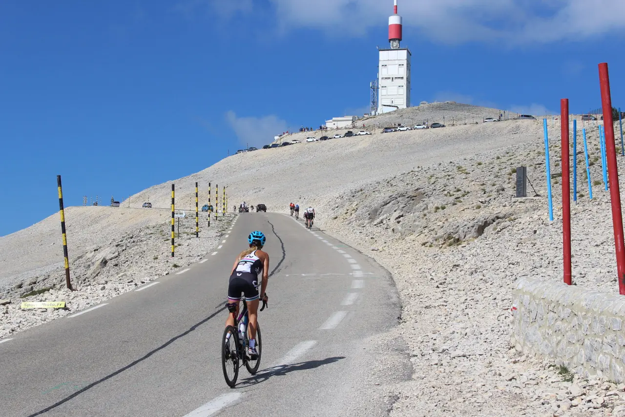 A cyclist climbing the final bends of Mont Ventoux