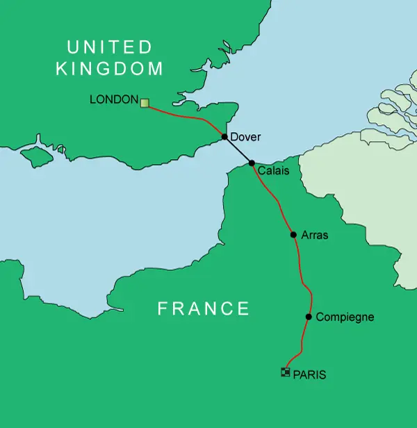 Route map from London to Paris via Arras and Compi&egrave;gne