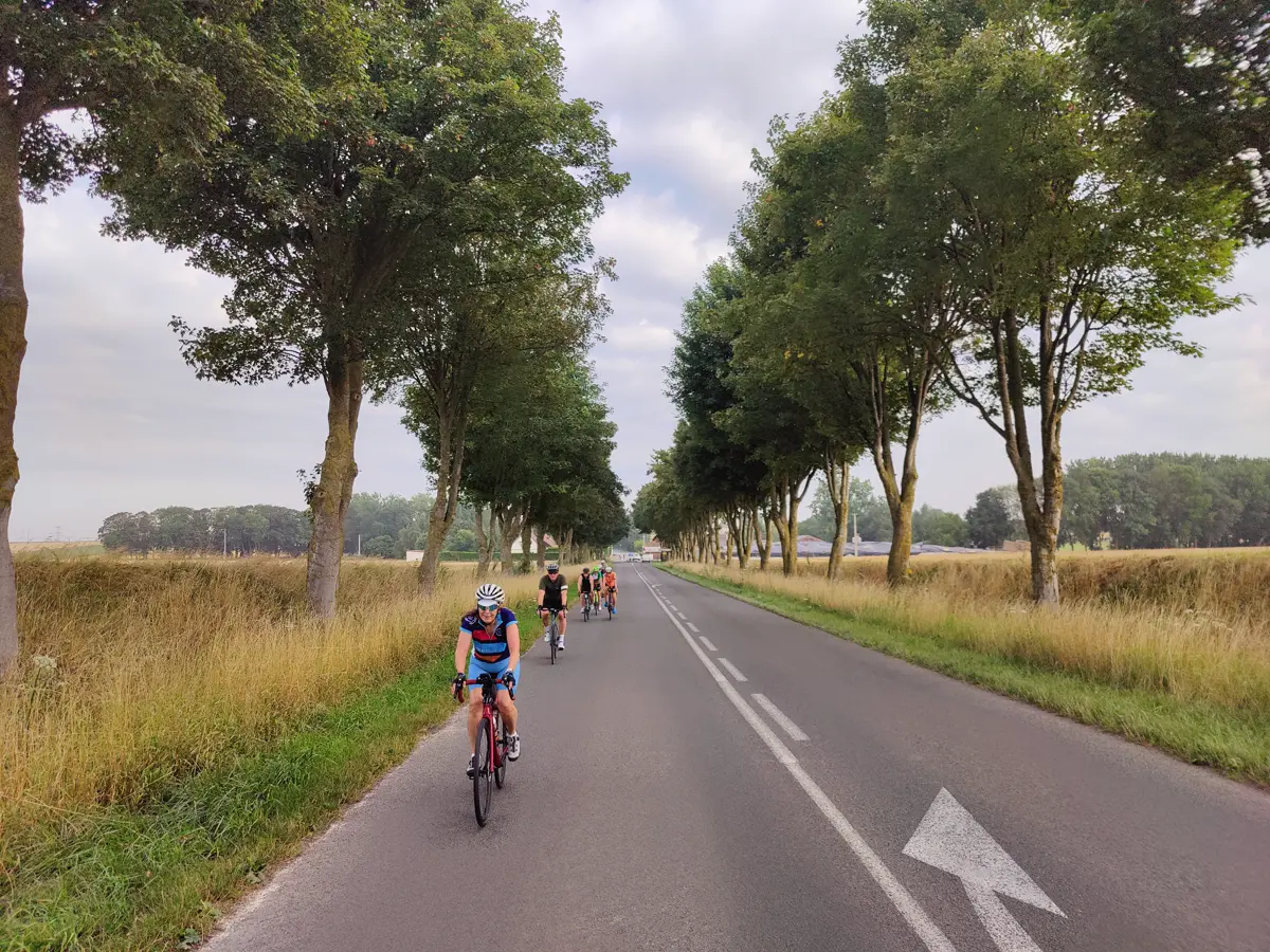 A rider on a tree-lined road in northern France